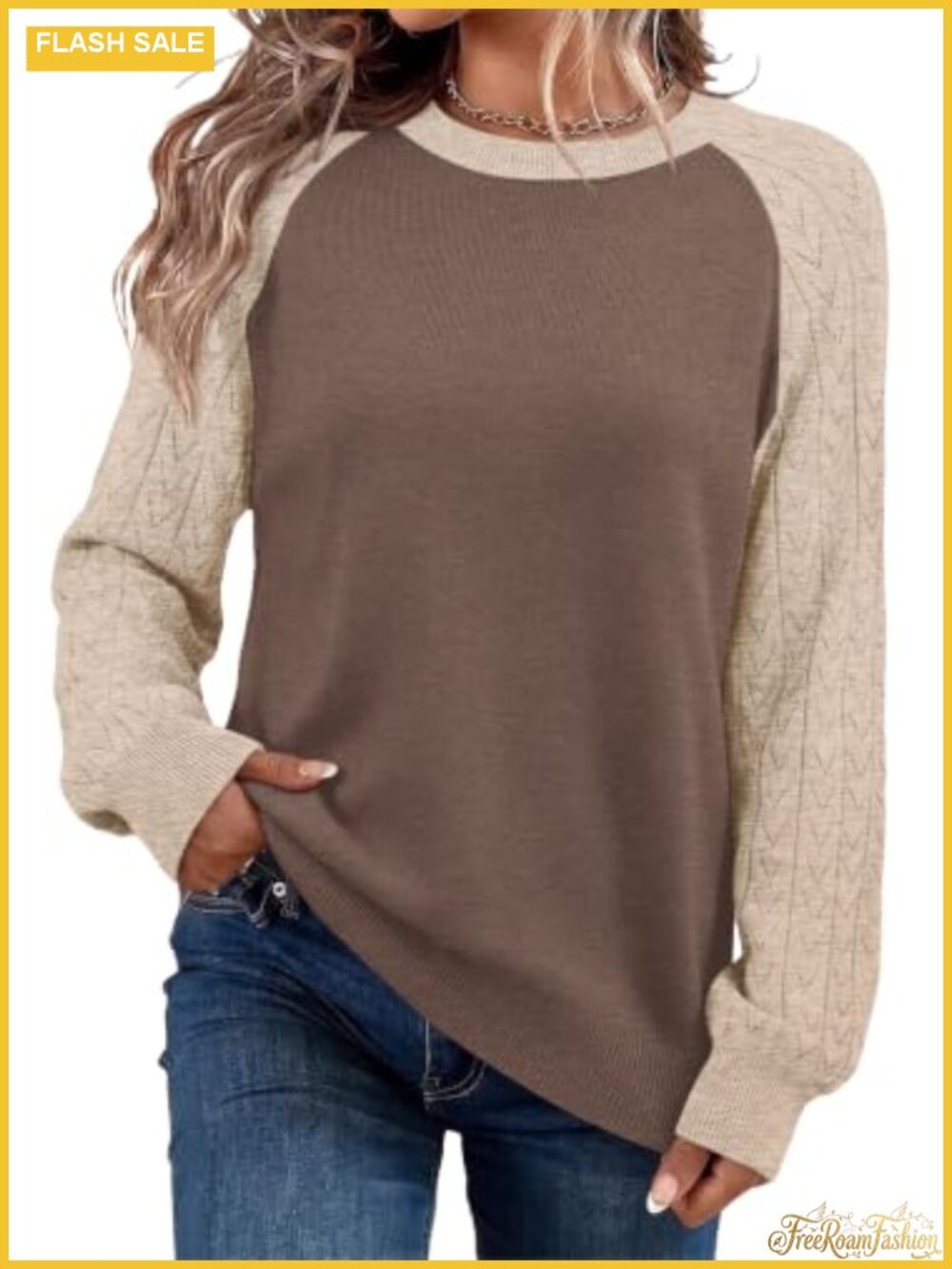 Lightweight Knit Hollow Out Sleeve Crew Neck Pullover Sweater Top